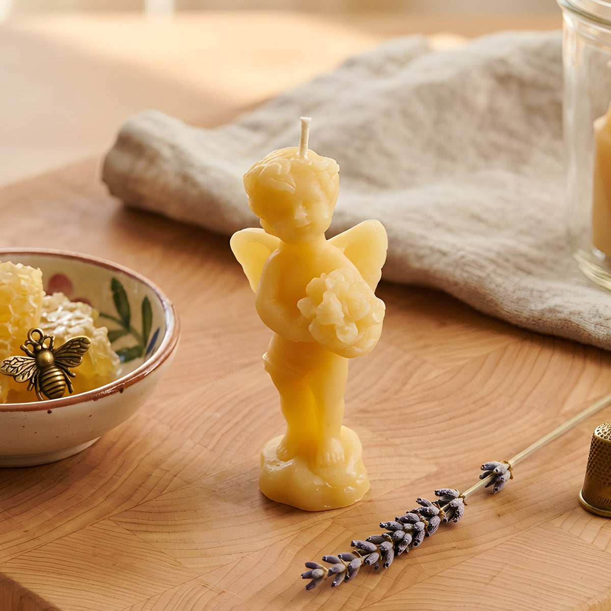 Angel Beeswax Candle Holding Floral Bouquet